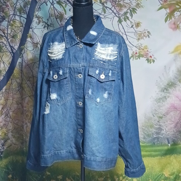 Cato Jackets & Blazers - Cato distressed blue Jean jacket with diamonds/ pearls size 26-28